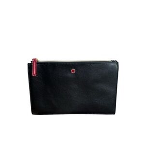 Bvlgari Black Leather Cosmetic Pouch Zip Clutch – Gold Logo Medallion